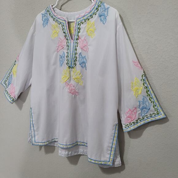 Embroidered Top womens XL XXL 16 18 White Pastel Butterfly Embroidery Summer - Picture 8 of 10